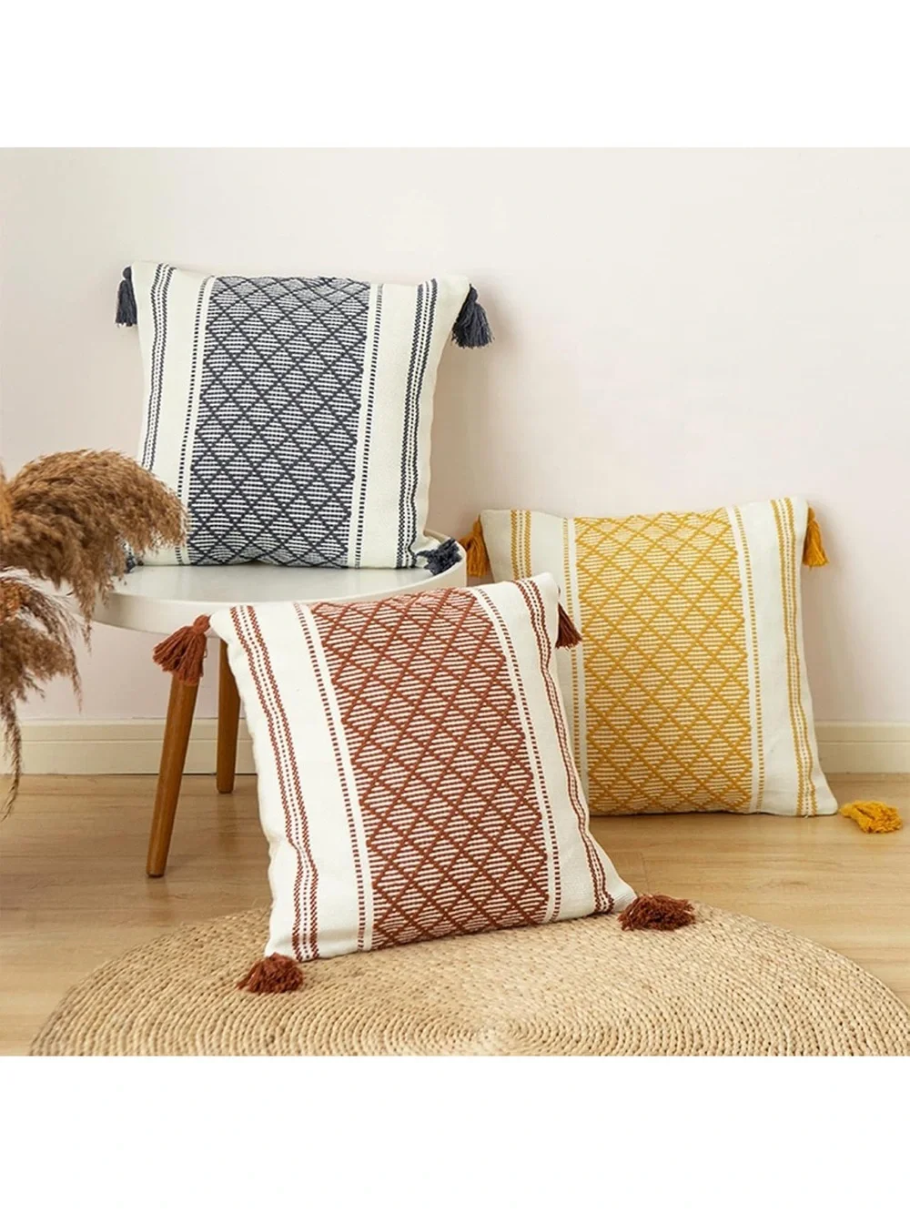 Boho Diamond Jacquard Tassel Throw Pillow Covers - Rust Cream (Set of 2) C10